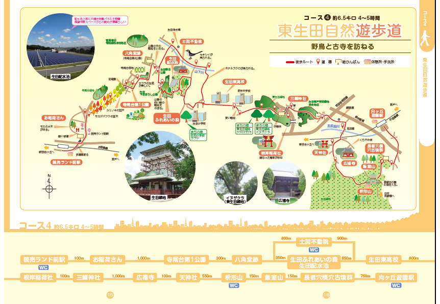 東生田自然遊歩道マップ。遊歩道の要所ごとに、道標と絵かんばんが設置されています。