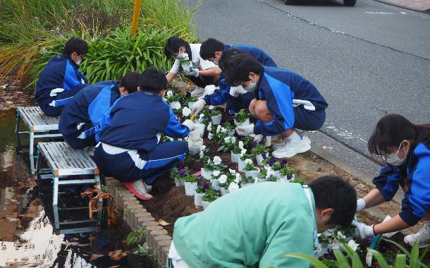 塚越中学校の緑化委員による花植え