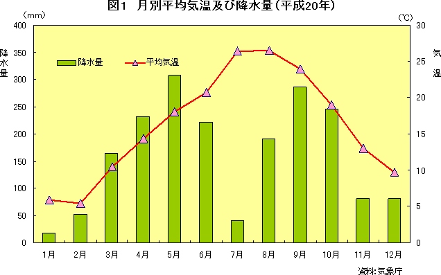 図1　月別平均気温及び降水量（平成20年）