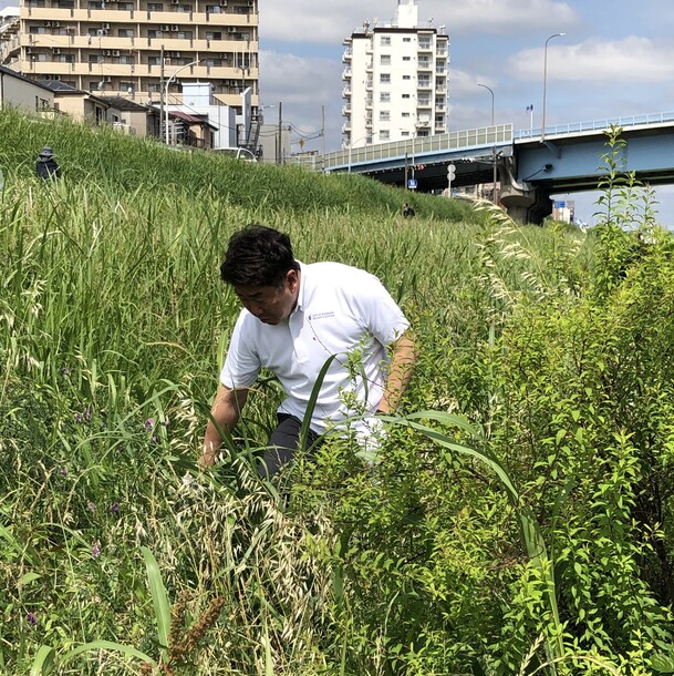 写真2:ごみ拾いをする市長