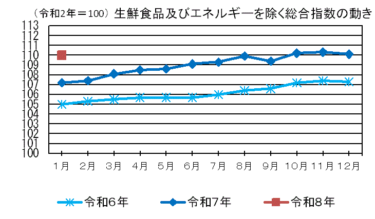 生鮮食品及びエネルギーを除く総合指数の動き