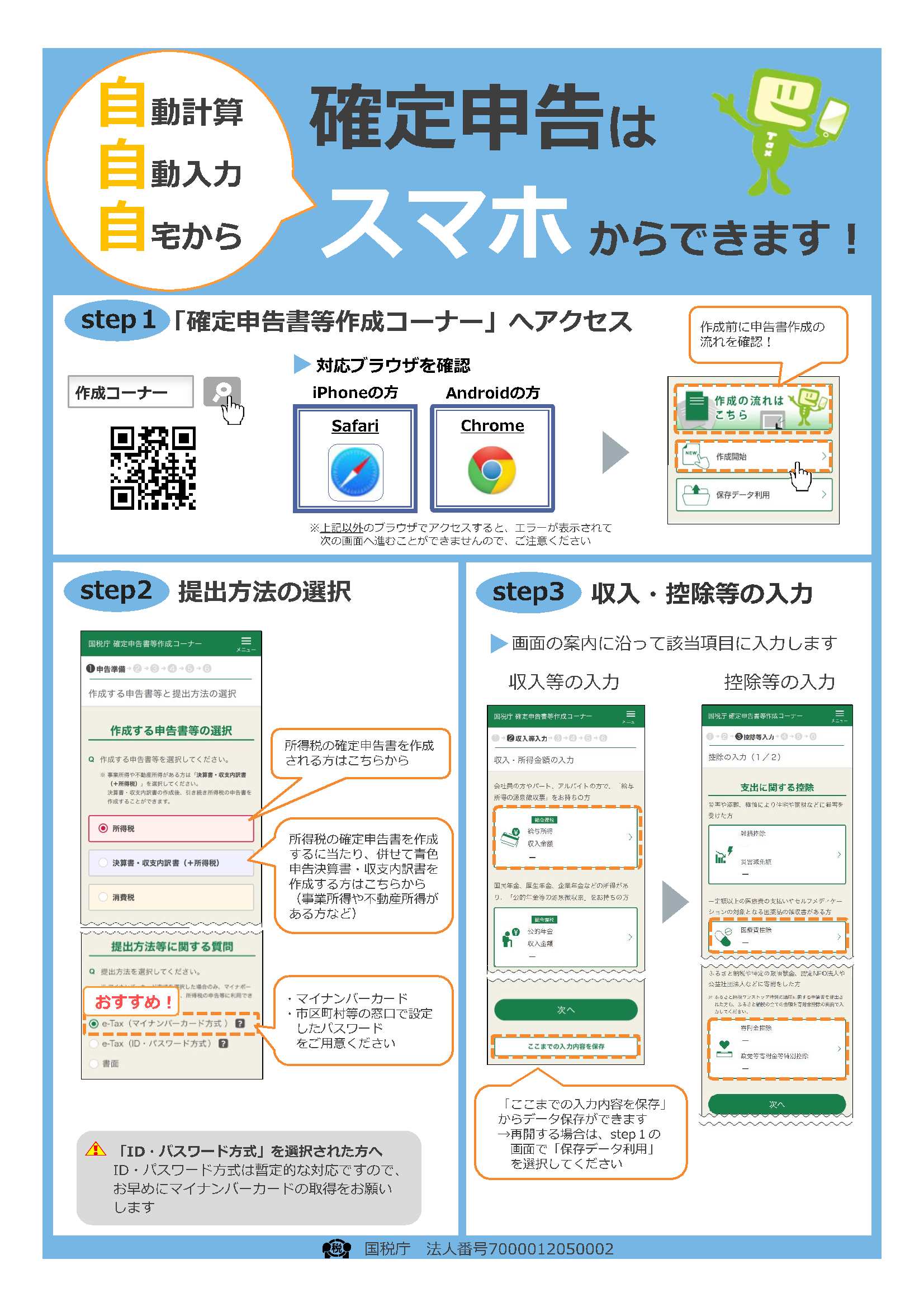 スマートフォンにて確定申告を行う際の操作方法について記載したチラシです。