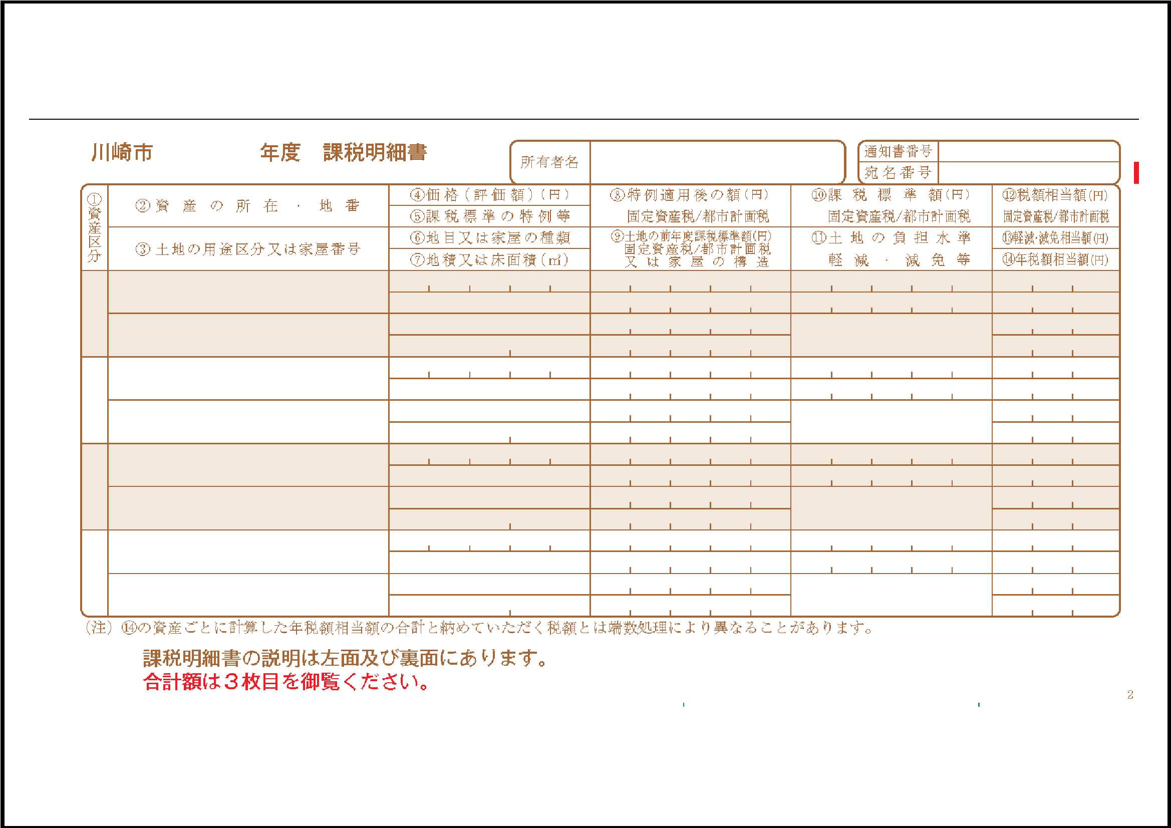 これは課税明細書の画像です。課税明細書とは、所有している土地や家屋の税額に関する情報の一覧です。通常は納税通知書にのり付けされています。