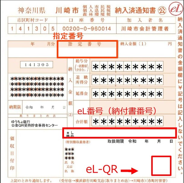 指定番号は納入書上部真ん中の「指定番号」欄に記載されており、eL番号は納入書下部の「（特別徴収義務者）」欄の上に記載されています。