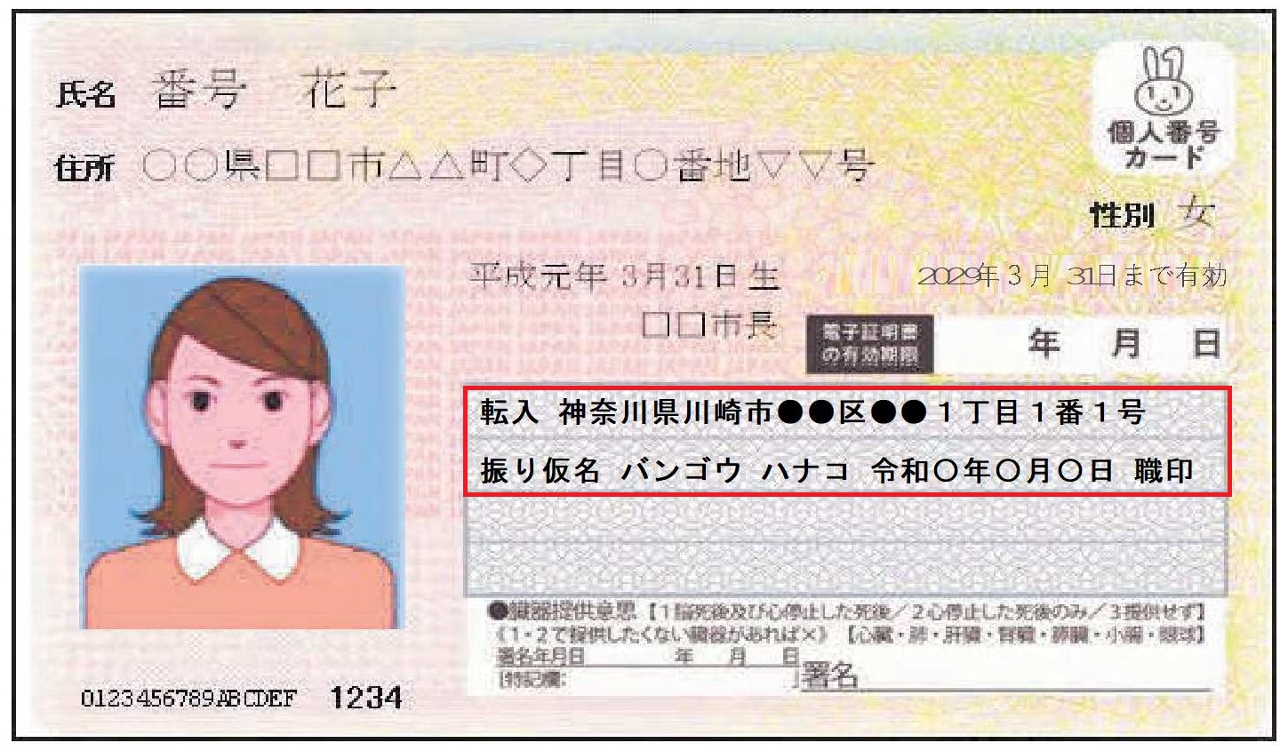新しい住所と振り仮名を追記欄に印字記載したカードのイメージ