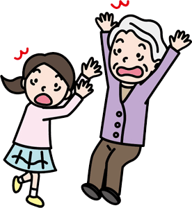 驚くおばあさんと子ども