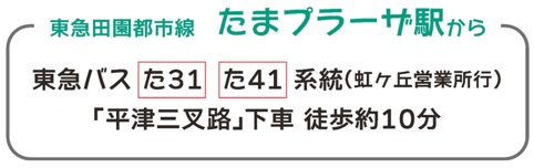 東急田園都市線たまプラーザ駅から東急バス[た31][た41]系統(虹ヶ丘営業所行)「平津三叉路」下車 徒歩10分