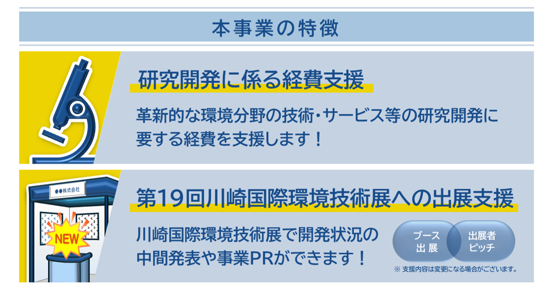 本事業の特徴は「研究開発に係る経費支援」と「川崎国際環境技術展への出展支援」の2つがあります。革新的な環境分野の技術・サービス等の研究開発に要する経費を支援すると共に第19回川崎国際環境技術展への出展支援を行います。