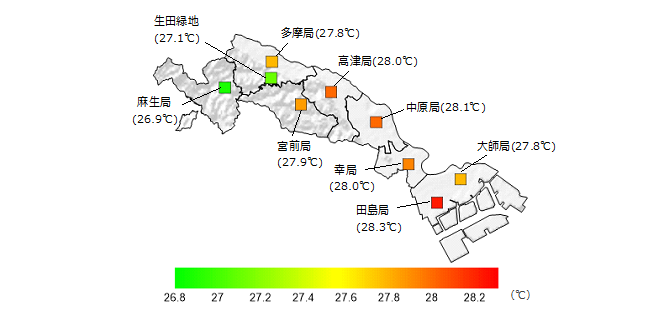 令和5年7月～8月の市内平均気温分布図