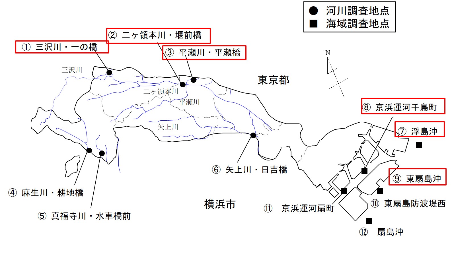 公共用水域（河川・海域）の調査地点の図