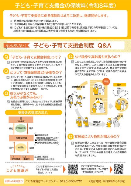子ども子育て支援金に係る保険料は6月に決定し、徴収開始します。子ども子育て支援金制度は、全ての年代や企業のみなさまから支援金を拠出いただき、子育て施策の拡充に充てるもので、こどもや子育て世帯を社会全体で支える制度です。詳しくはこども家庭庁ホームページをご覧ください。