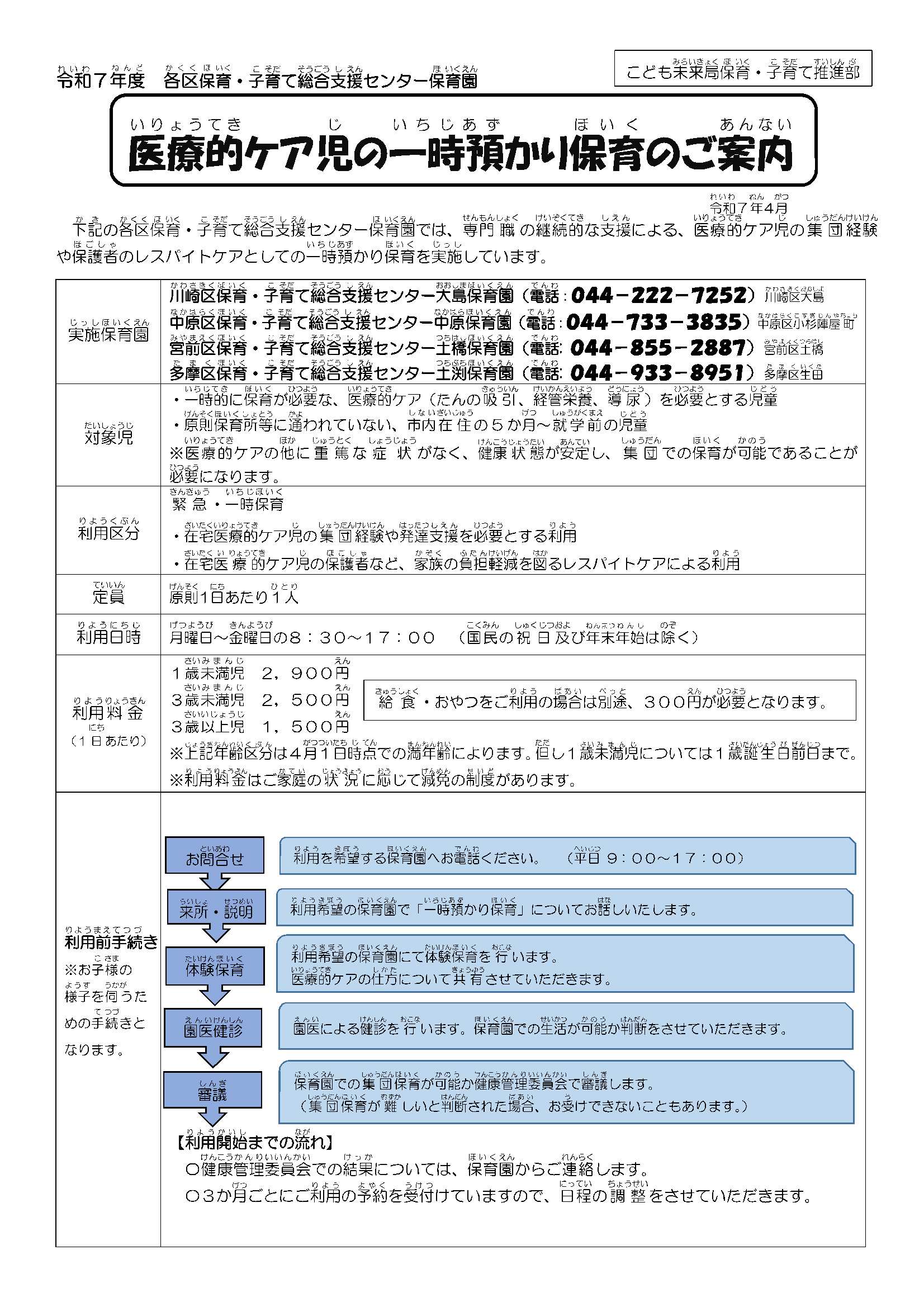 医療的ケア児・一時預かり保育について