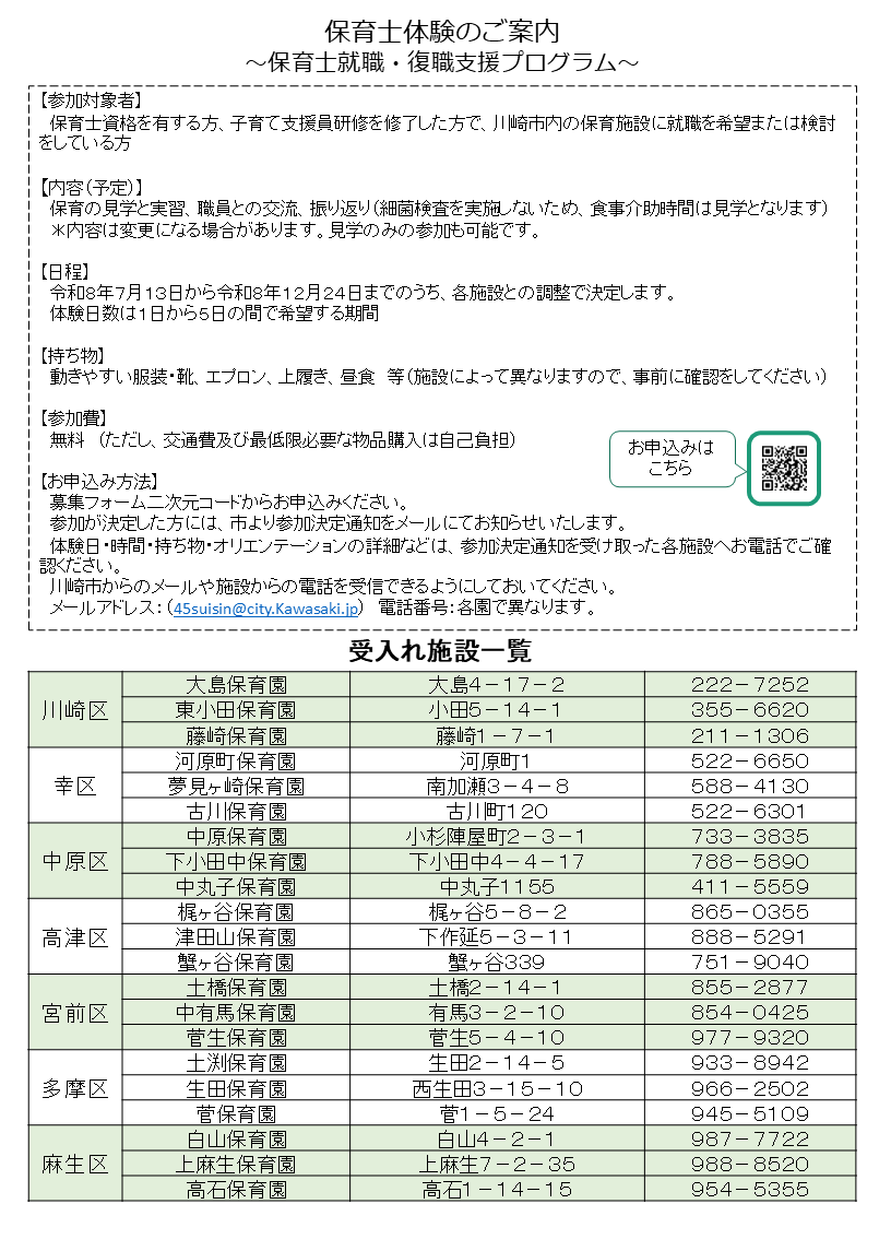 【実習日と期間】 令和8年3月13日までのうち、各施設との調整 実習日数は2日から5日の間で希望する期間（土日、祝日は除く）　　　　　　　　　　　　　　　　　　　　　　　　  【実習場所】 川崎市内の公立保育園　  【対象】 川崎市内の保育施設で就職を希望している「保育士資格を有する方」、「子育て支援研修を修了した方」  【内容】 保育の見学と実習、職員との交流、振り返り（細菌検査を実施しないため、食事介助時間は見学です） 体験内容は施設によって変更になる場合があります  【参加費】 無料（ただし、昼食費、交通費及び最低限必要な物品購入は自己負担）  【申込方法】 こちらからお申し込みください  【申込締切】 体験希望日の10日前まで  【その他】 参加が決定した方には、市より参加決定のご連絡をさせていただきます。 体験日や体験時間、持ち物、オリエンテーションについては、参加決定後施設に電話で確認をしてください。 川崎市からメールにて連絡しますので、受信できるようにしておいてください。(45suisin@city.kawasaki.jp）