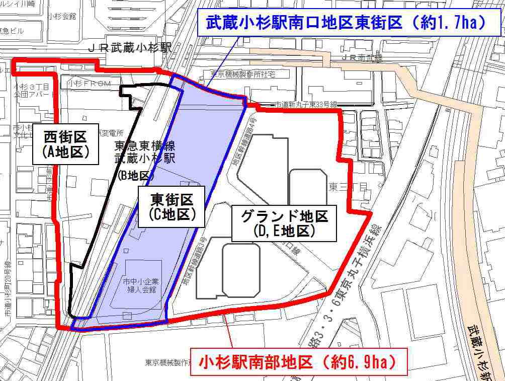 武蔵小杉駅南口地区東街区の位置図