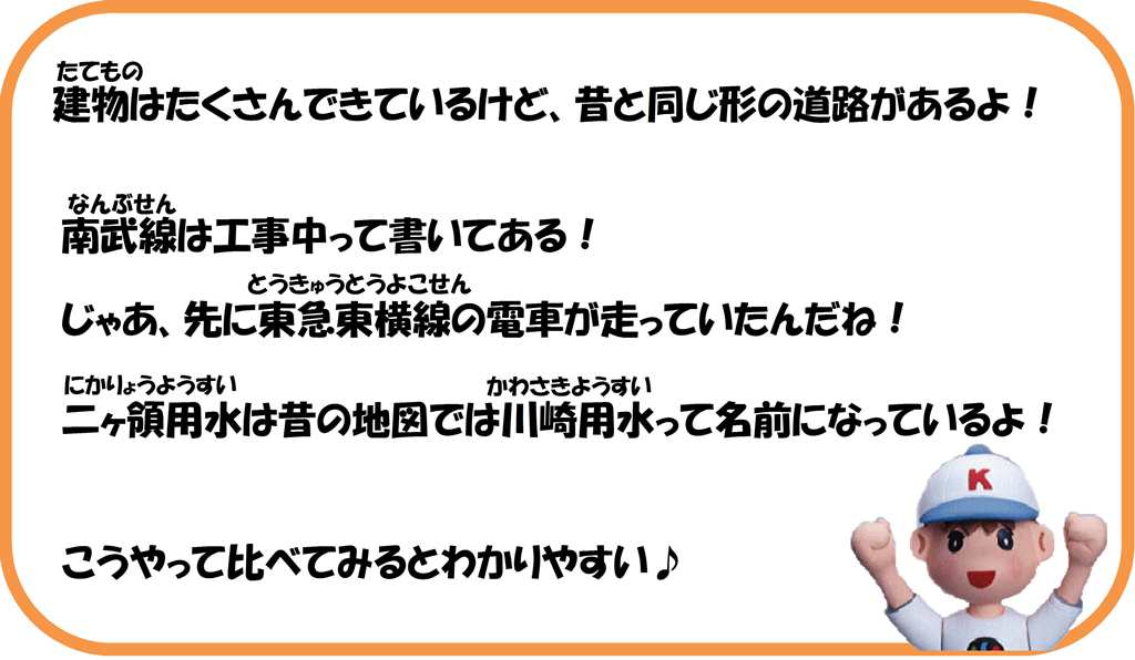 建物はたくさん出来ているけど、昔と同じ形の道路があるよ。南部線は工事中って書いてある。東急東横線の線路はあるから、先に東急東横線が走っていたんだね。二ヶ領用水は昔の地図だと川崎用水って名前になっているよ。こうやって比べてみるとわかりやすい。