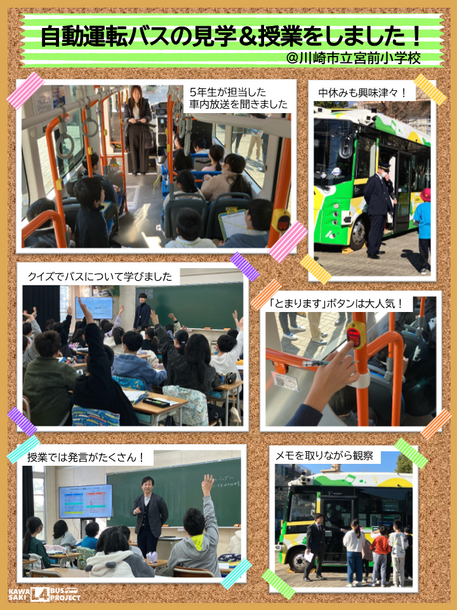 自動運転バスの見学&授業をしました!@川崎市立宮前小学校 写真紹介 5年生が担当した車内放送を聞きました 中休みも興味津々! クイズでバスについて学びました 「とまります」ボタンは大人気! 授業では発言がたくさん! メモを取りながら観察