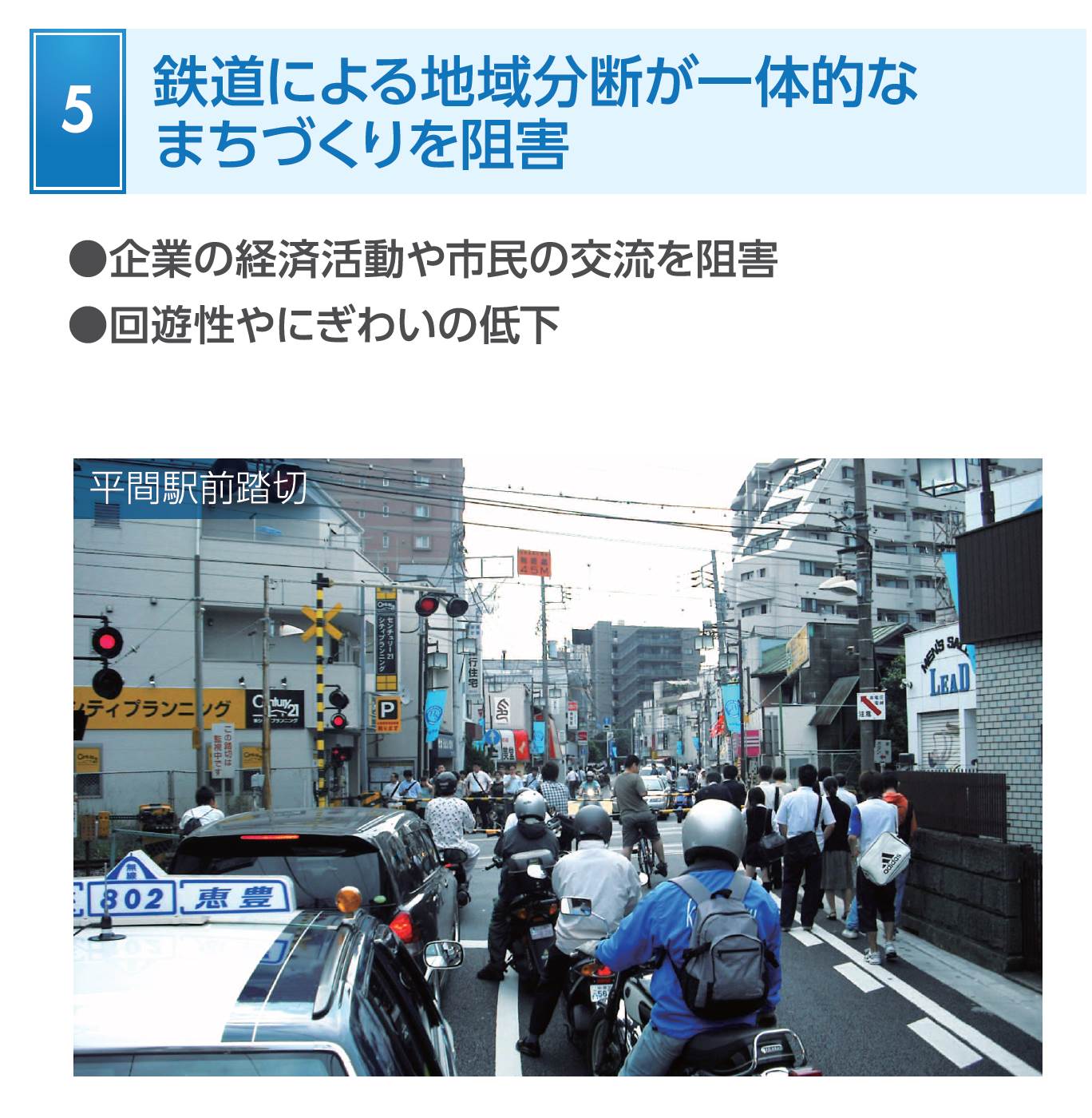 踏切により多くの市民の交流が阻害されている状況です