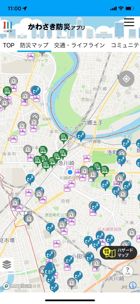 「かわさき防災アプリ」の地図画面