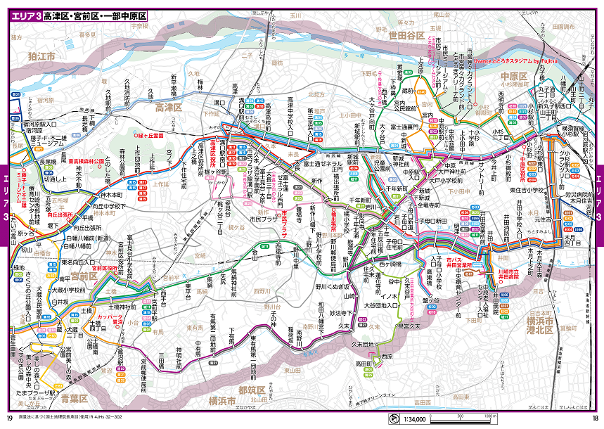 バスの路線エリア3の路線と主な停留所を表した地図  詳しくは交通局自動車部運輸課までお問い合わせください。