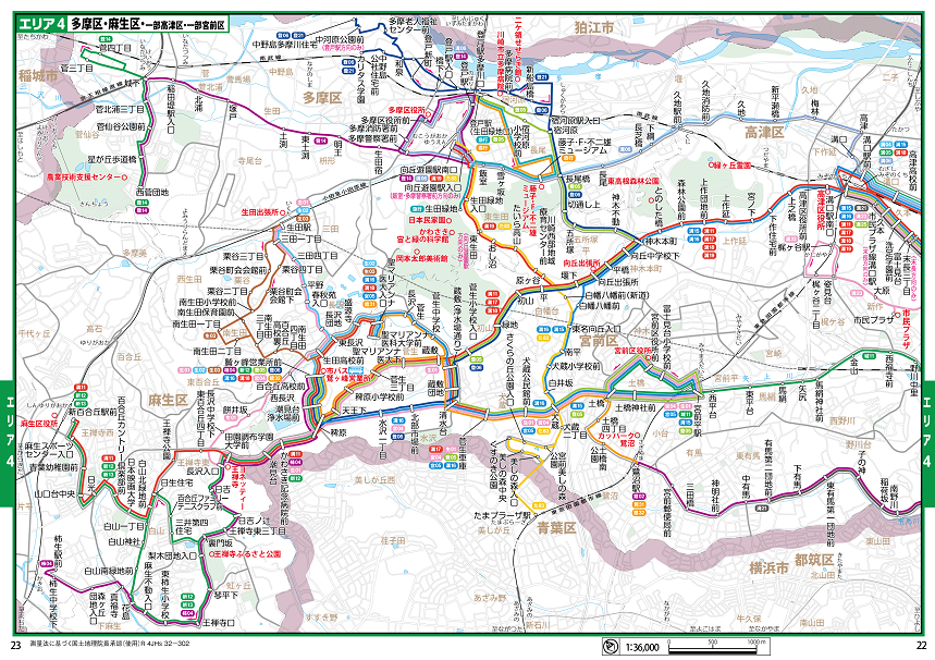 バスの路線エリア4の路線と主な停留所を表した地図  詳しくは交通局自動車部運輸課までお問い合わせください。