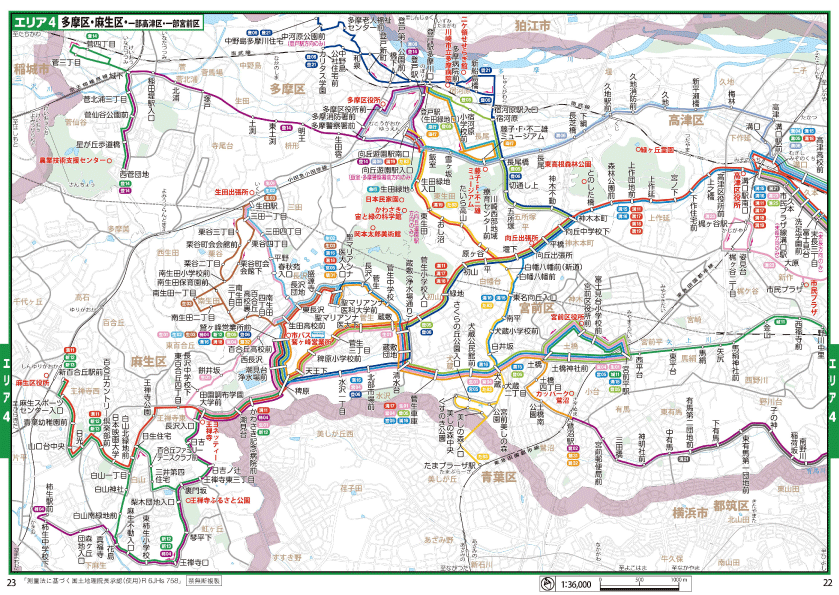 バスの路線エリア4の路線と主な停留所を表した地図  詳しくは交通局自動車部運輸課までお問い合わせください。
