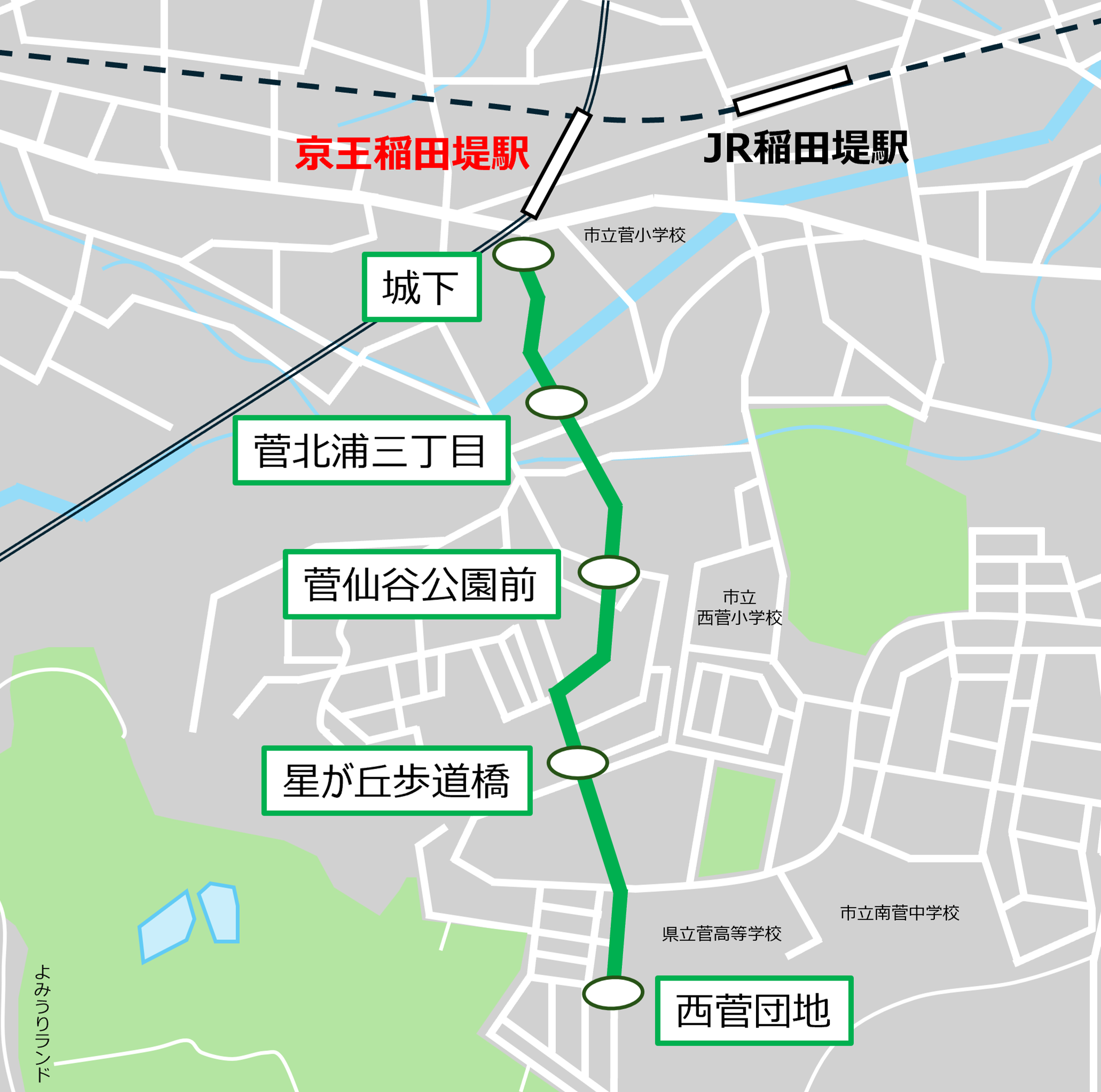 路線図と停留所名 城下 菅北浦三丁目 菅仙谷公園前 星が丘歩道橋 西菅団地