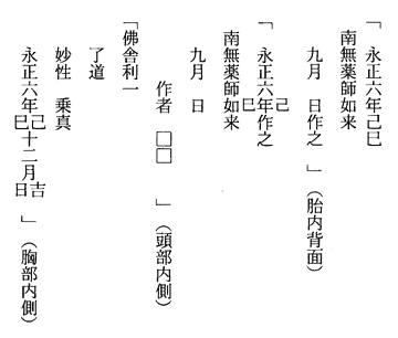 薬師如来坐像胎内墨書銘