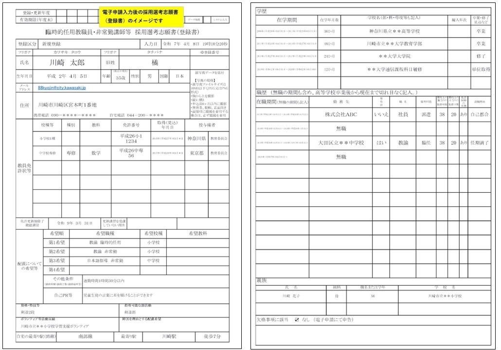 電子申請「入力後の採用選考志願書（登録書）」のイメージです