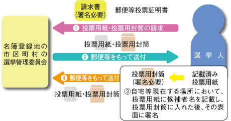 1、選挙人は、名簿登録地の選挙管理委員会に対し、自らが署名をした文書に郵便等投票証明書を添えて、投票用紙等の交付を請求します。2、選挙管理委員会は、選挙人が郵便等により投票ができる者と認めたときは、投票用紙等を郵便等をもって発送します。3、投票用紙等の交付を受けた選挙人は、その現在する場所において、投票用紙に自ら記載し、投票用封筒に入れた後、その表面に投票の記載をした年月日及び場所を記載し、署名をします。4、発送用封筒に投票が在中する旨を記入し、選挙管理委員会に郵便等を持って送付します。