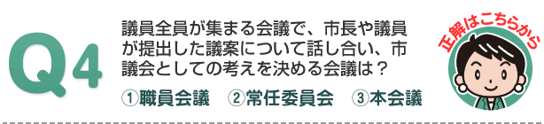 川崎市議会クイズです。第4問、議案を少人数で専門的に調べたり話し合ったりするのはどこかな？