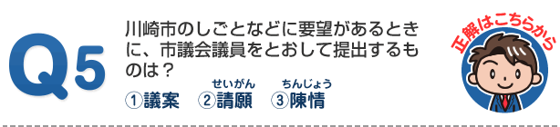 川崎市議会クイズです。第5問、国が決める川崎市のルールは何と言うかな？