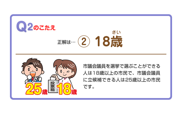 市議会議員を選挙で選ぶことができる人は18歳以上の市民で、市議会議員に立候補できる人は25歳以上の市民です。