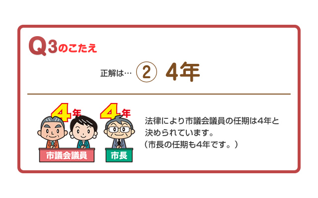 法律により市議会議員の任期は4年と決められています。（市長の任期も4年です。）