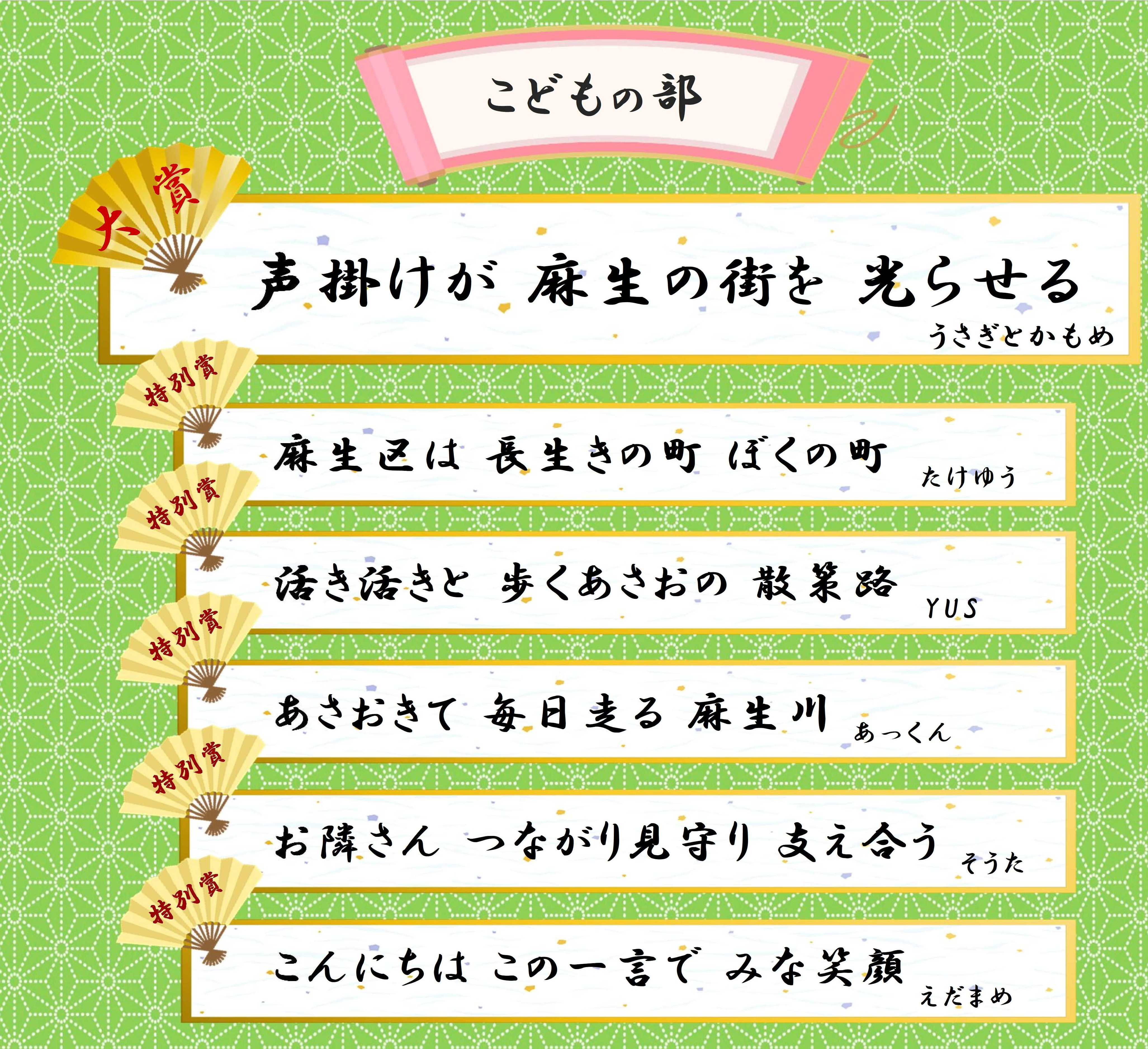 大賞　 声掛けが 麻生の街を 光らせる（うさぎとかもめ）  特別賞 麻生区は 長生きの町 ぼくの町（たけゆう） 活き活きと 歩くあさおの 散策路（YUS） あさおきて 毎日走る 麻生川（あっくん） お隣さん つながり見守り 支え合う（そうた） こんにちは この一言で みな笑顔（えだまめ）