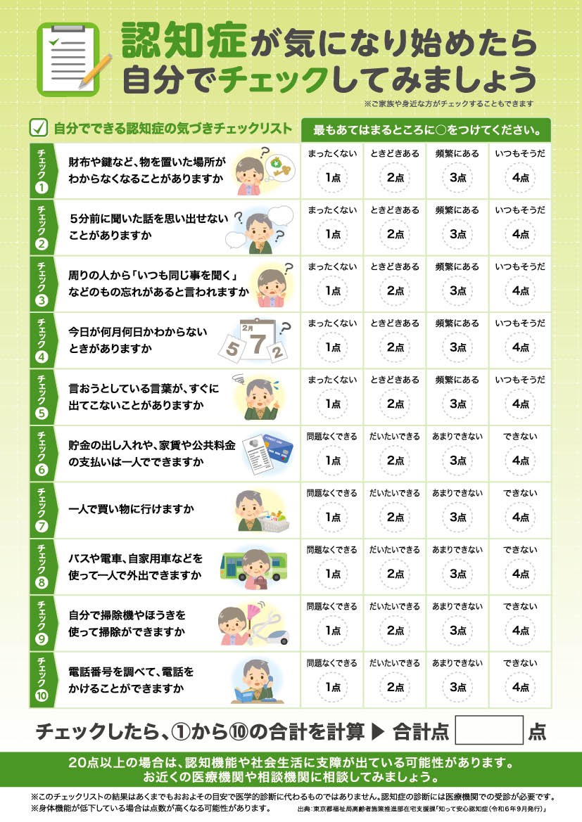 認知症チェックリスト（表面）