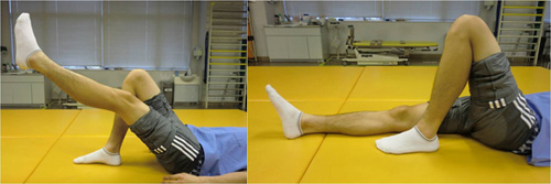 脚上げ運動(左)とかかとのスライド運動(右)の写真