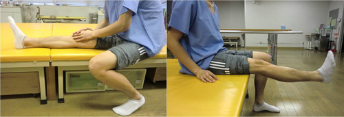 ストレッチ運動(左)と.膝伸ばし運動(座位)(右)の写真