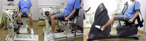 筋力測定装置(左・中央)とエルゴメーター(右)の写真