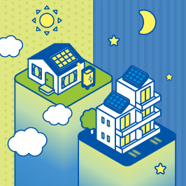さまざまな住宅に太陽光パネルなどが設置されているイメージのイラスト