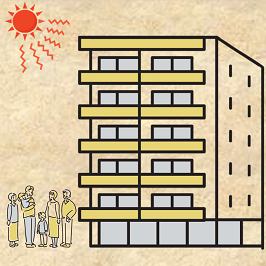 強い日差しの中、マンションとその前に集まる人々のイラスト