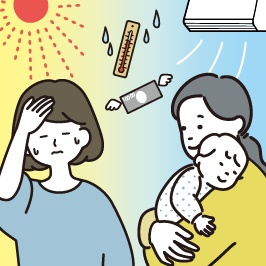 Illustration of the person in trouble about the heat and the person who has time comfortably in the cool room