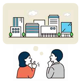 頭の中で建物を思い浮かべている男女のイラスト