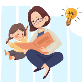 母親が子どもに本を見せているイラスト