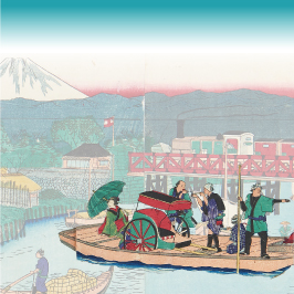 六郷橋と六郷渡船の浮世絵イラスト