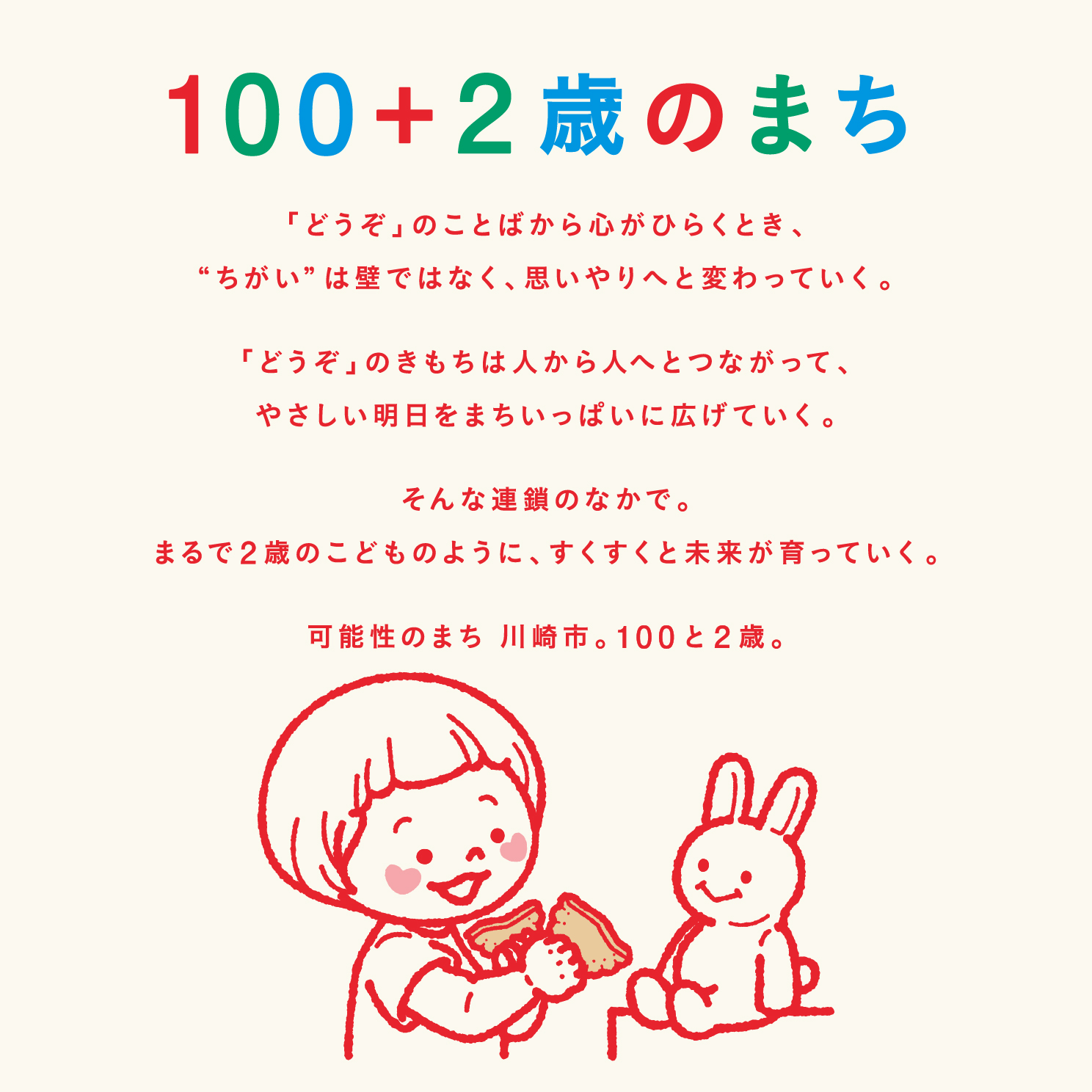 100＋2歳のまち　「どうぞ」のことばから心がひらくとき、"ちがい"は壁でなく、思いやりへと変わっていく。「どうぞ」のきもちは人から人へとつながって、やさしい明日をまちいっぱいに広げていく。そんな連鎖のなかで。まるで2歳のこどものように、すくすくと未来が育っていく。可能性のまち 川崎市。100と2歳。