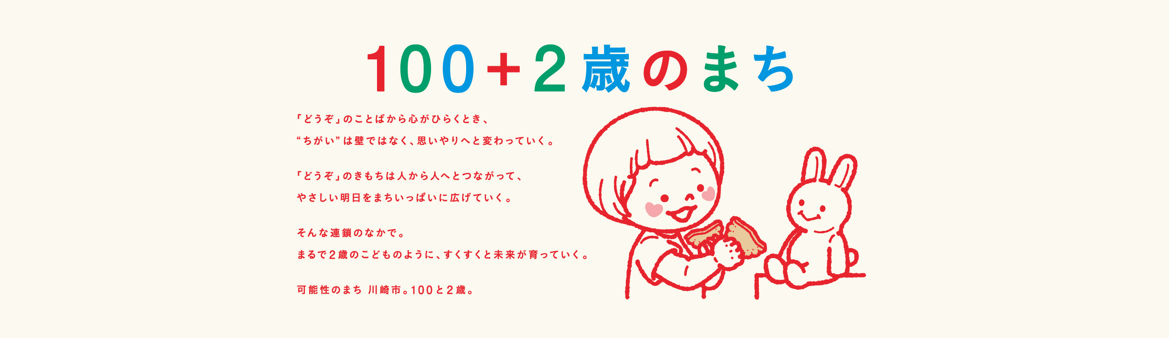 100＋2歳のまち　「どうぞ」のことばから心がひらくとき、"ちがい"は壁でなく、思いやりへと変わっていく。「どうぞ」のきもちは人から人へとつながって、やさしい明日をまちいっぱいに広げていく。そんな連鎖のなかで。まるで2歳のこどものように、すくすくと未来が育っていく。可能性のまち 川崎市。100と2歳。
