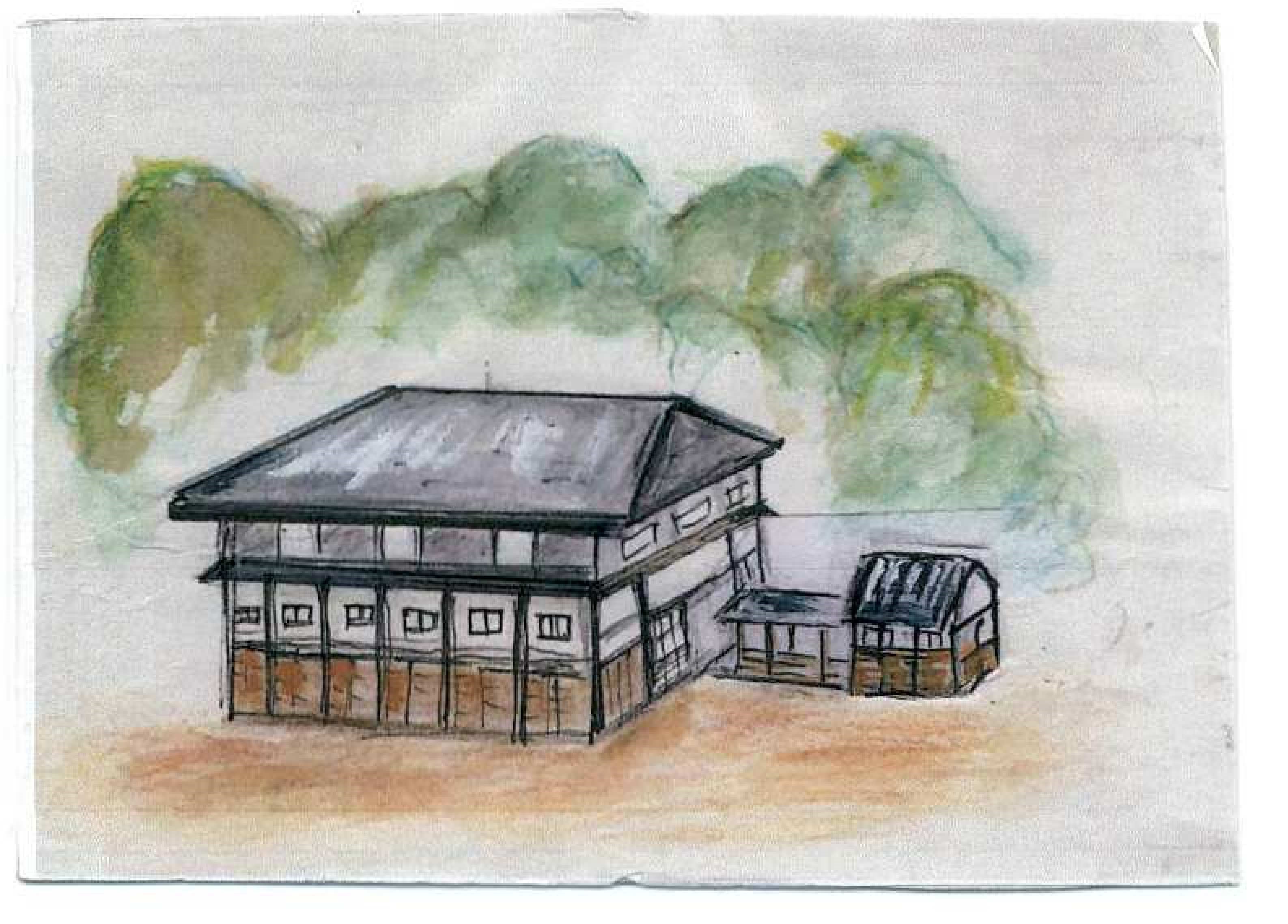 灰色の屋根の校舎と渡り廊下でつながった小さな建物が描かれている。