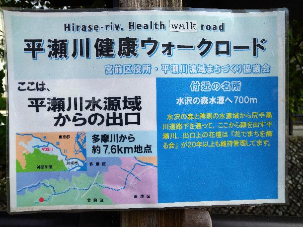 看板の写真。平瀬川健康ウォークロード「ここは、平瀬川水源域からの出口」