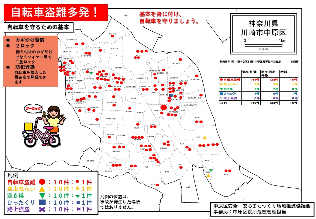 中原区内町内別の犯罪発生状況地図です