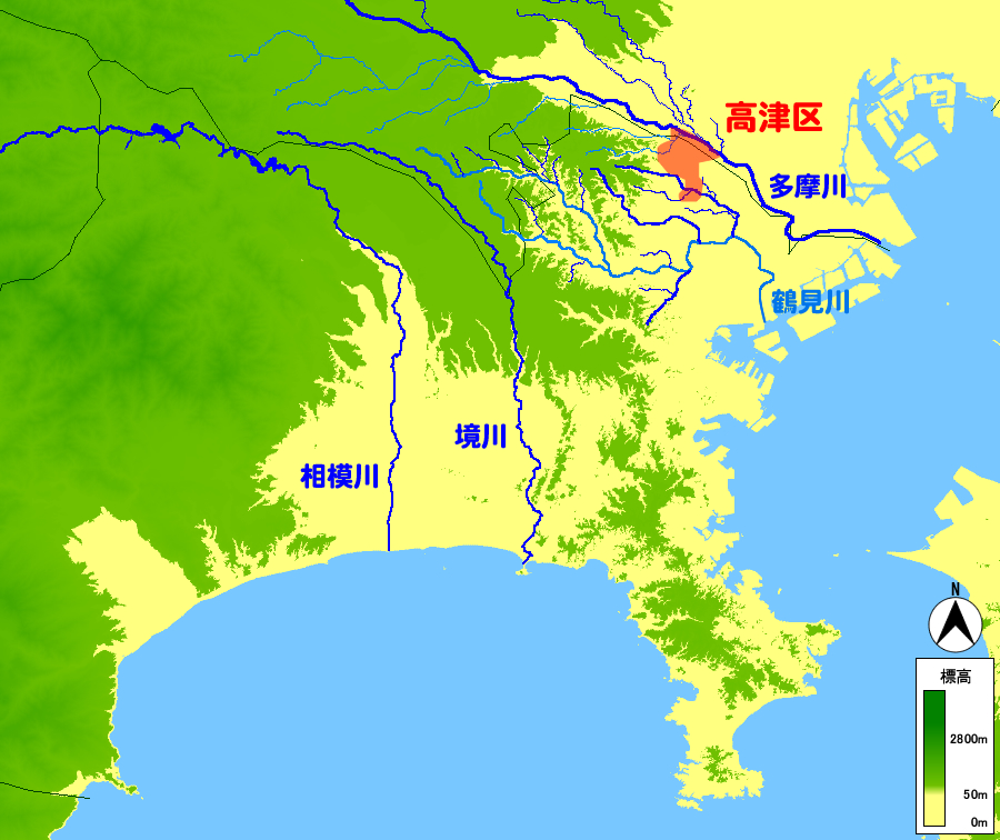 関東南部の地形と主要河川図 エコシティたかつ